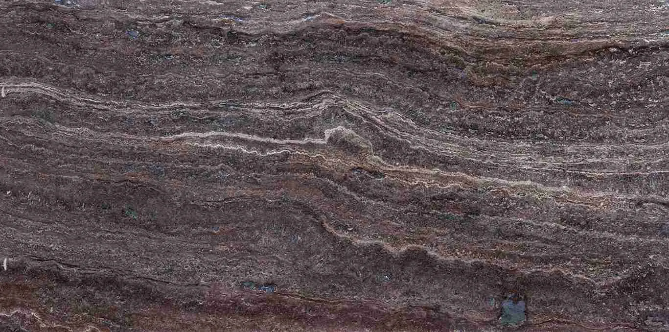 Chocolate Travertine marble slab with natural texture and warm brown tones