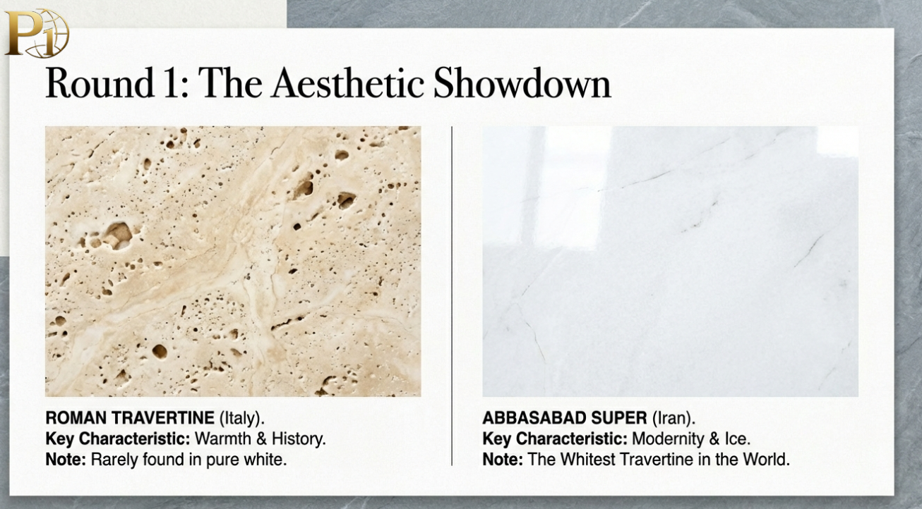 Comparison banner of Roman Travertine (The Titan) vs Abbasabad Travertine (The Challenger) for global B2B stone export market.