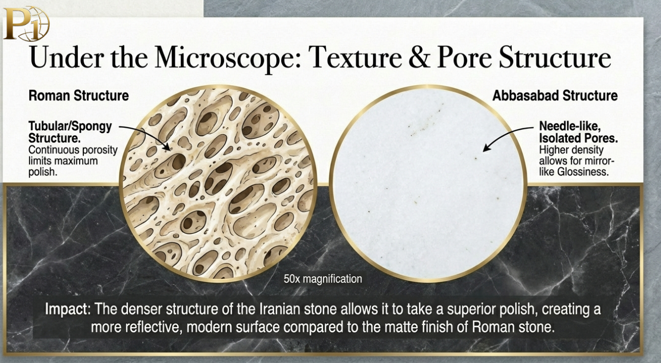 Microscopic pore structure comparison: Roman Travertine tubular porosity vs Abbasabad Travertine needle-like isolated pores for superior mirror-like glossiness.