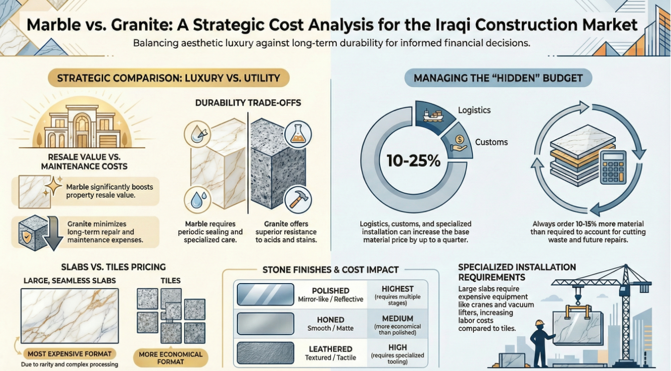 "Comprehensive infographic comparing Marble and Granite for the Iraqi construction market; covering resale value, durability trade-offs, hidden costs like logistics and customs (10-25%), slab vs. tile pricing, and the cost impact of polished, honed, and leathered finishes."