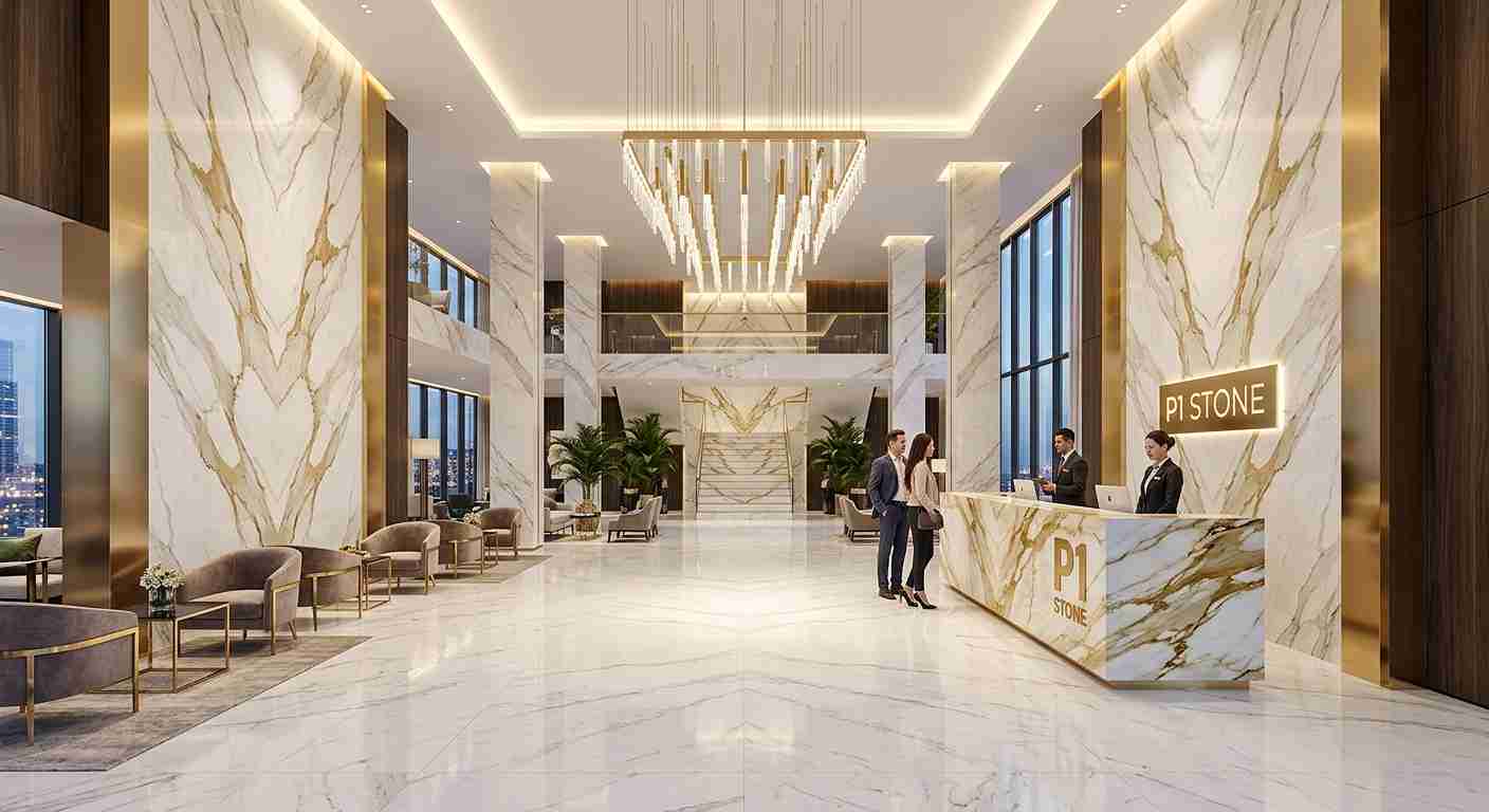 خبير بناء يقوم بفحص عينات من بلاطات الحجر الطبيعي والتحقق من جودة السطح واللون لمشروع معماري في العراق.