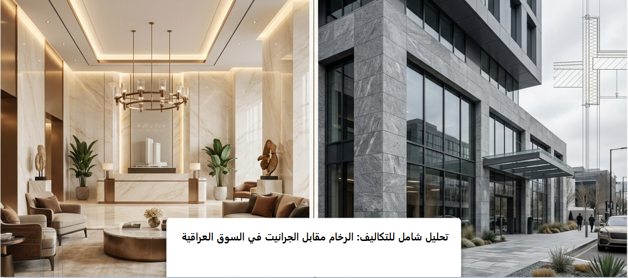 صورة مركبة تستعرض فخامة الرخام (المرمريت) في الديكورات الداخلية مقابل قوة وصلابة الجرانيت في الواجهات الخارجية للمباني الحديثة، مع رسم توضيحي لنظام التركيب.