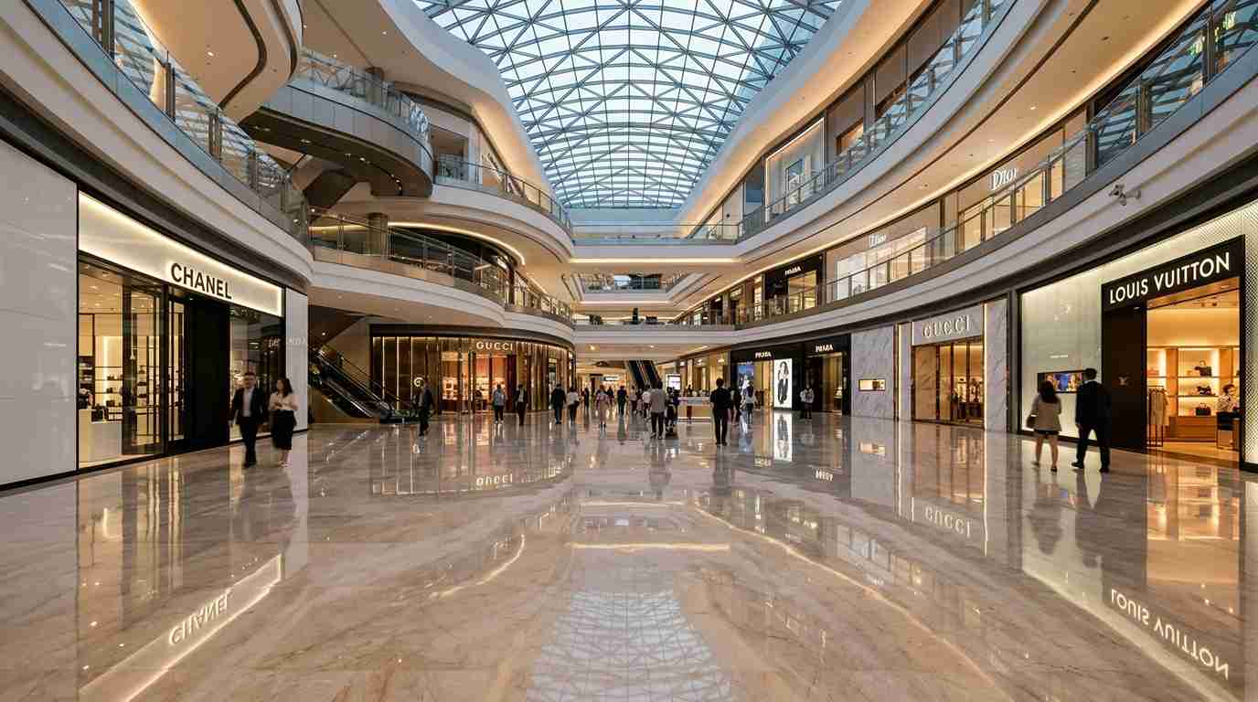 Пол из кремового иранского мрамора в современном торговом центре