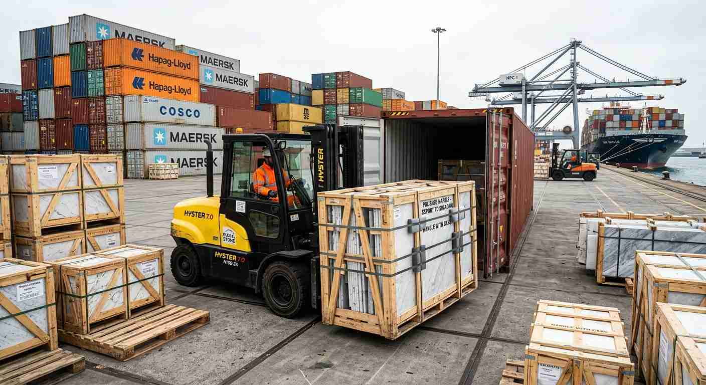Погрузка экспортной партии иранского мрамора для международной доставки