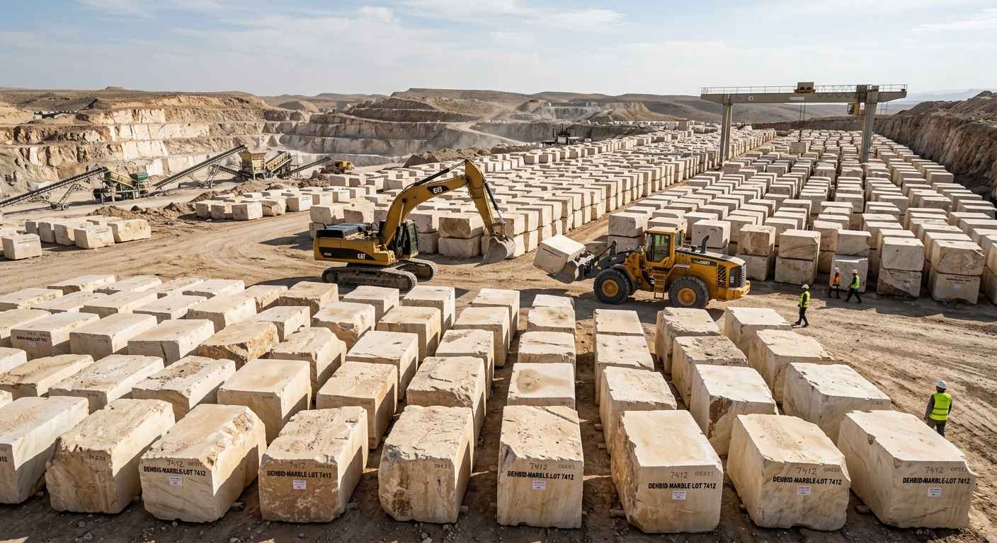 Крупные блоки необработанного мрамора Дехбид на складе карьера.