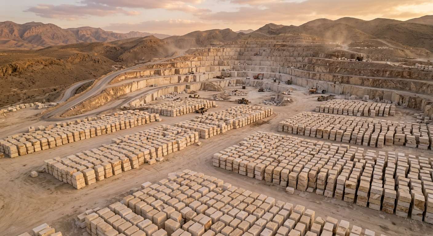  Крупный мраморный карьер в Иране, демонстрирующий высокие объемы добычи и богатые запасы натурального камня для экспорта.