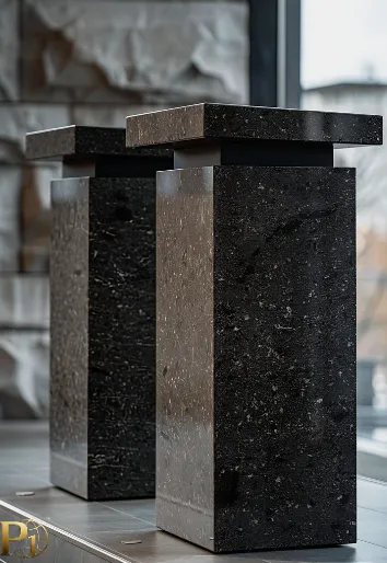 Black natural stone pedestal tables with polished surfaces by P1 Stone