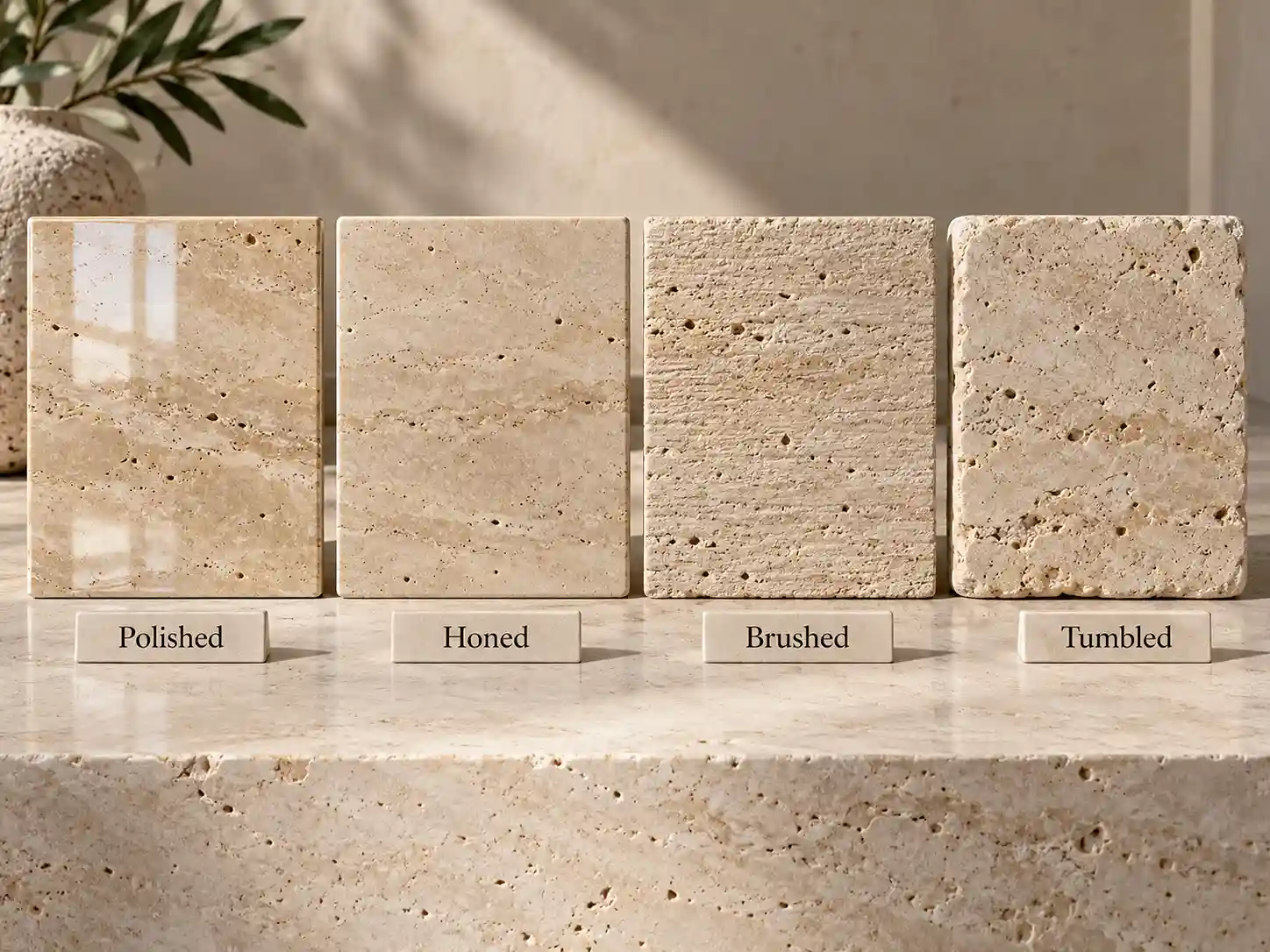 Four samples of travertine stone of the same color with Polished, Honed, Brushed, and Tumbled finishes, the difference in their texture and surface is clear in the light.