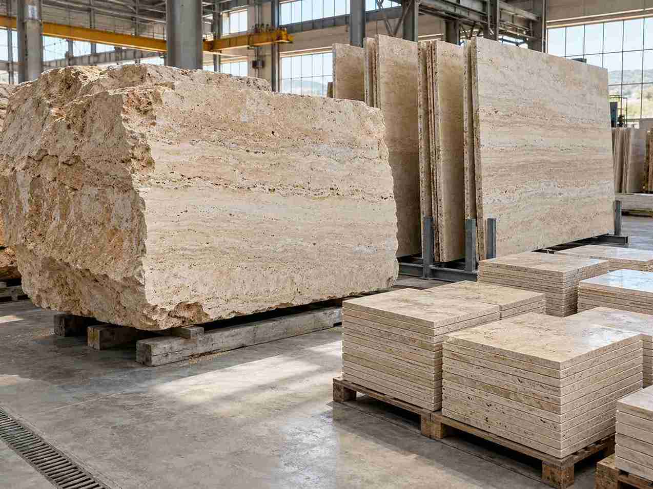 Travertine stone processing environment including raw blocks, standing slabs and cut tiles in a stone factory
