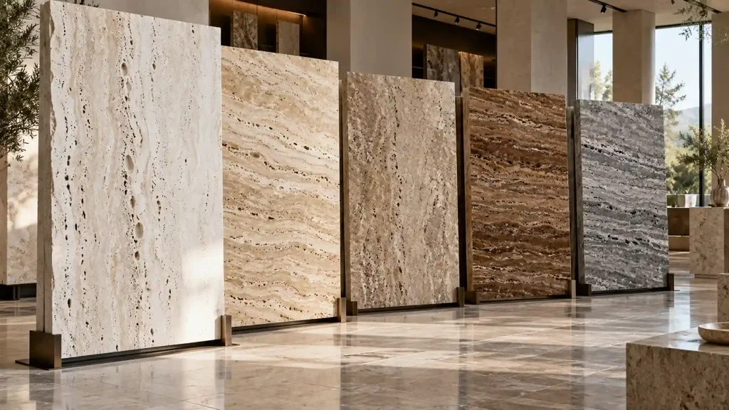 Travertine stone slabs in white, cream, beige, walnut and silver colors displayed in a luxury showroom