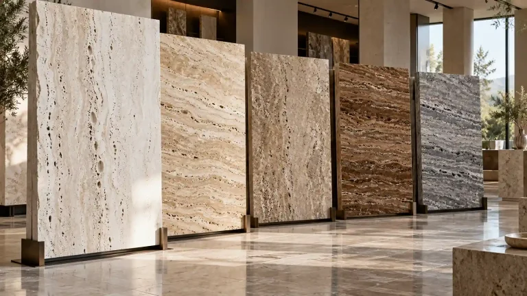 Travertine stone slabs in white, cream, beige, walnut and silver colors displayed in a luxury showroom