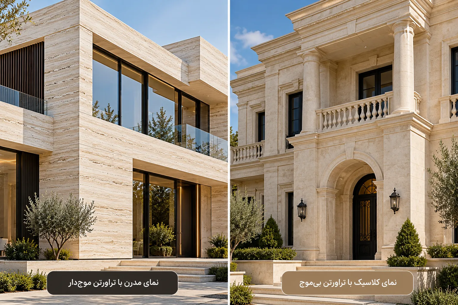 مقایسه دو نمای ساختمان؛ سمت چپ نمای مدرن با تراورتن موجدار و رگههای افقی، سمت راست نمای کلاسیک با تراورتن بیموج کرم روشن